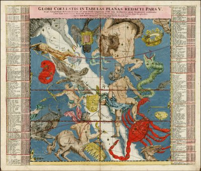 1730 carta celeste - Globi Coelestis In Tabulas Planas Redacti Pars V da Johan Gabriel Doppelmayr