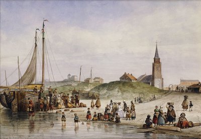Pescatori su una spiaggia con una città oltre, 1857 da Johan Gerard Smits