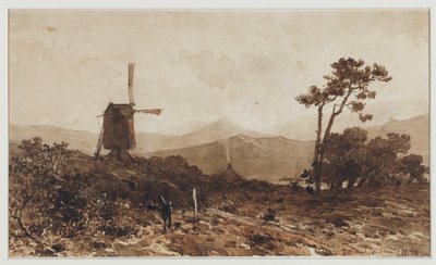 Paesaggio collinare con un mulino a sinistra da Johan Hendrik Weissenbruch