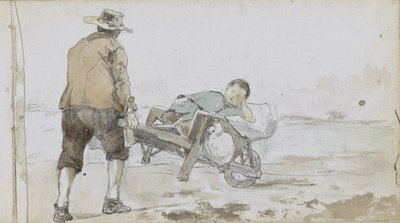 Paesaggio con uomo che spinge un ragazzo su un carretto da Johan Hendrik Weissenbruch
