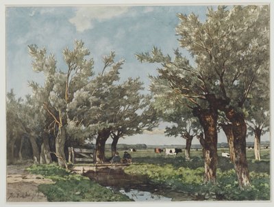 Paesaggio con un fossato dove due ragazzi pescano da Johan Hendrik Weissenbruch