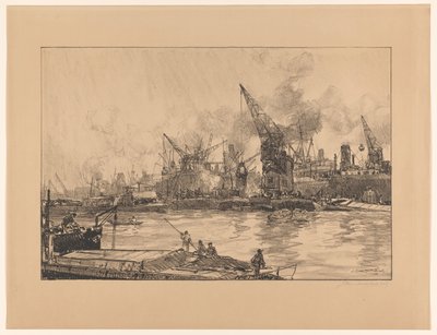 Veduta del porto di Rotterdam, con diverse gru da Johan Hendrik van Mastenbroek (signed by artist)