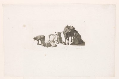 Donna che munge una mucca, con bovini e pecore da Johan Jakob Biedermann