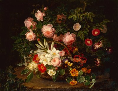 Un cesto di rose, gigli e viole del pensiero vicino a un cespuglio di rose da Johan Laurents Jensen