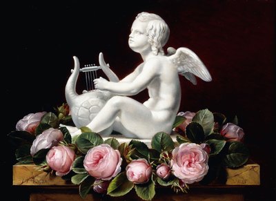 Ghirlanda di rose rosa intorno a Cupido che suona una lira su un cornicione di marmo, 1841 da Johan Laurents Jensen