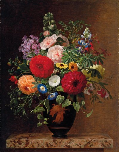 Lilla, fiori di melo, fiordalisi e garofani con un vaso di viole su un ripiano da Johan Laurents Jensen