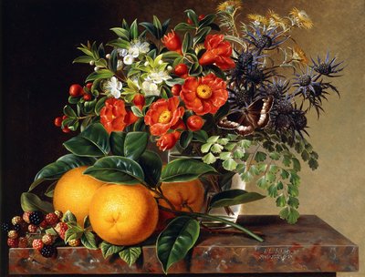 Arance, More e un Vaso di Fiori su una Mensola da Johan Laurents Jensen