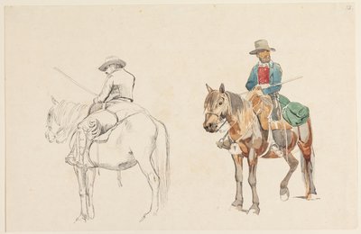 Campagnolo a cavallo, visto di sbieco da dietro. Campagnolo a cavallo visto di sbieco da davanti da Johan Thomas Lundbye