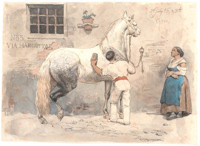 Un cavallo grigio viene strigliato in Via Margutta da Johan Thomas Lundbye