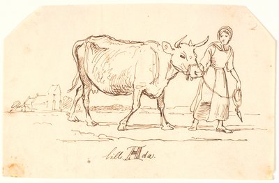 Una ragazza che tira una mucca in un paesaggio con una chiesa. "Piccola Ada" da Johan Thomas Lundbye