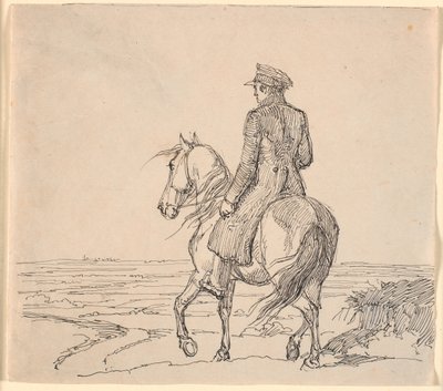 Un cavaliere visto di sbieco da dietro che cavalca verso un paesaggio vasto da Johan Thomas Lundbye