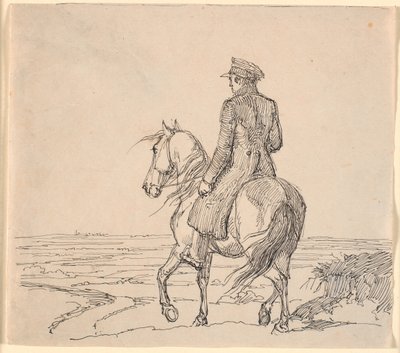 Un cavaliere visto di sbieco da dietro che cavalca verso un paesaggio vasto da Johan Thomas Lundbye