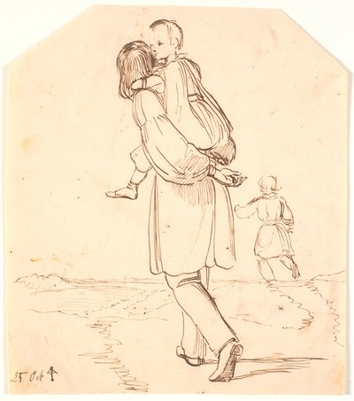 Un giovane porta una bambina sulla schiena attraverso un paesaggio da Johan Thomas Lundbye