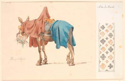 Un mulo che mangia il suo foraggio. A destra su carta incollata un bordo decorativo da Johan Thomas Lundbye