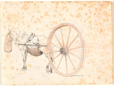 Studio dettagliato di un cavallo da carro con muso, del carro si vede solo il timone e una ruota molto grande da Johan Thomas Lundbye