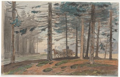 Foresta di abeti con strada, su cui viaggia un carro trainato da cavalli con un carico di legna. Sullo sfondo una radura nella foresta da Johan Thomas Lundbye