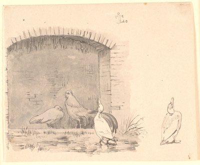 Le galline e le anatre. A destra studio di un
