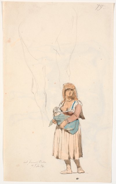 Italiana con il suo bambino che allatta, studio a matita in alto di - probabilmente - una gamba di cavallo da Johan Thomas Lundbye