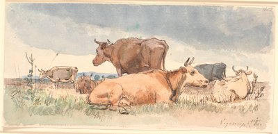 Paesaggio con tre mucche sdraiate e tre in piedi da Johan Thomas Lundbye