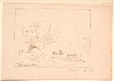Paesaggio con un salice vicino a grandi pietre, un gallo, un aratro e tre mucche da Johan Thomas Lundbye