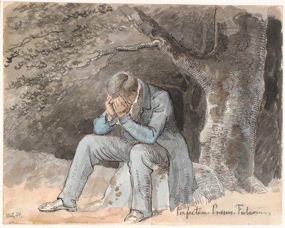 "Perfectum - Præsens - Futurum". Giovane seduto sotto un albero su una pietra con le mani sul viso da Johan Thomas Lundbye