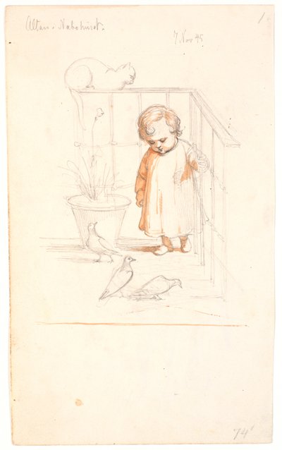 Scena su un balcone. Bambino che osserva dei piccioni. Sul parapetto sullo sfondo un gatto arrotolato da Johan Thomas Lundbye