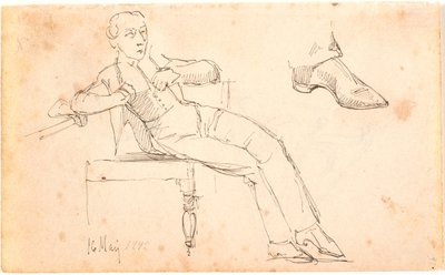 Pagina di taccuino con giovane uomo seduto e studio di una scarpa da Johan Thomas Lundbye