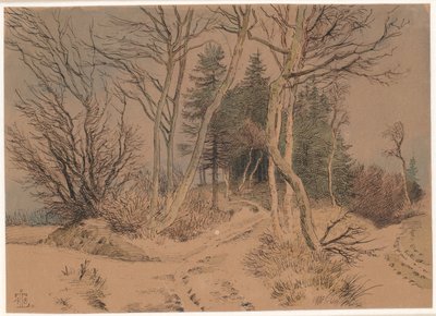 Strade innevate tra abeti e alberi spogli da Johan Thomas Lundbye