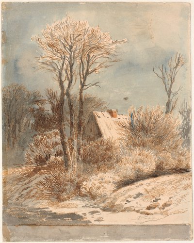 Paesaggio innevato con casa tra gli alberi da Johan Thomas Lundbye