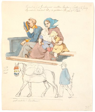 Soldato e Moglie con Due Bambini, Seduti su una Panchina. A sinistra un Cavallo con Bagagli Seguito da un Uomo da Johan Thomas Lundbye