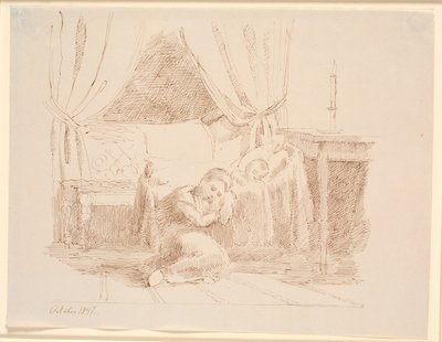 Interno di una camera da letto con una bambina che dorme sul pavimento, appoggiata a una culla con un bambino che dorme da Johan Thomas Lundbye