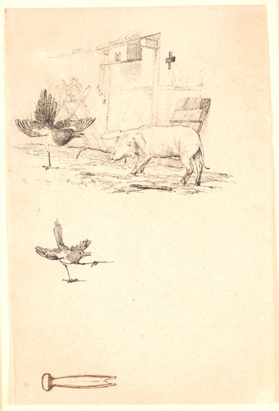 La cicogna e il maiale. Sotto, studio della gazza e un pezzo di attrezzo. Illustrazione per "Favole per bambini" di Kaalund. Vedi commento dal catalogo dell