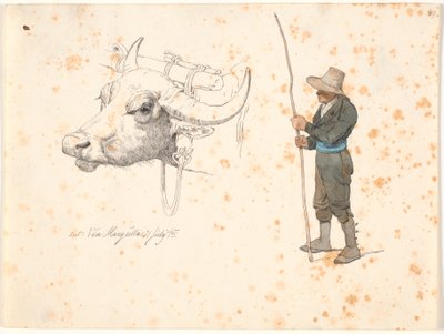 Studio della testa di un bue di legno e di un campagnolo in piedi da Johan Thomas Lundbye