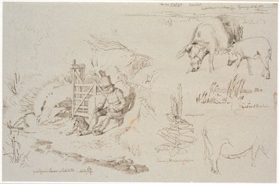 Studieblad fra Vognserup. T. v. en røgter (gamle Rasmus Larsen) siddende med en hund ved et led. F.o.t.h. et landskabsstudie med stedbetegnelser. Herunder to grise. T.h.m.f. studie af siv i en sø. Herunder en kongelysplante og studie af en so da Johan Thomas Lundbye