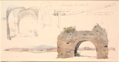 Foglio di studio dalla campagna romana, Italia. In basso studio ad acquerello di un arco di acquedotto romano con vista su basse montagne. A destra studio di uno spazio aperto con volte piatte, al centro una donna italiana che porta un grande fagotto sulla da Johan Thomas Lundbye
