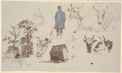 Foglio di studio dal cortile di mungitura a Vognserup. Studi di mucche. A sinistra, fattoria dietro tre alberi alti, al centro in primo piano, mungitrice seduta di spalle e un pastore in piedi. In basso a destra, un carro del pastore da Johan Thomas Lundbye