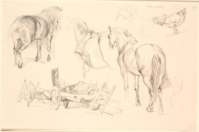 Foglio di studio con cavalli, attrezzi agricoli e una gallina sul suo nido da Johan Thomas Lundbye