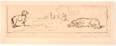 Due cani in una strada. Sullo sfondo una carrozza e due passanti da Johan Thomas Lundbye