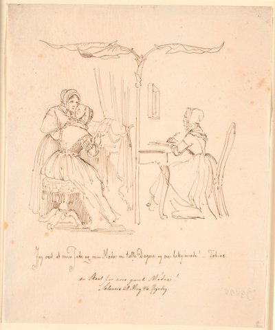 Rappresentazione divisa in due con a sinistra due donne che leggono lettere, a destra una donna che scrive una lettera da Johan Thomas Lundbye