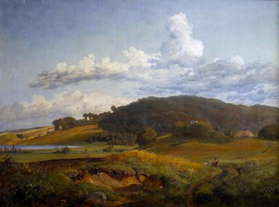 Veduta da Vinderød verso Høbjerg presso Frederiksværk, con la casa dei genitori di J. Th. Lundbye da Johan Thomas Lundbye