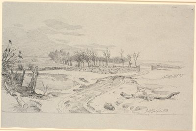 Paesaggio invernale con una strada che si snoda attraverso i campi e un cancello in un muro di pietra da Johan Thomas Lundbye