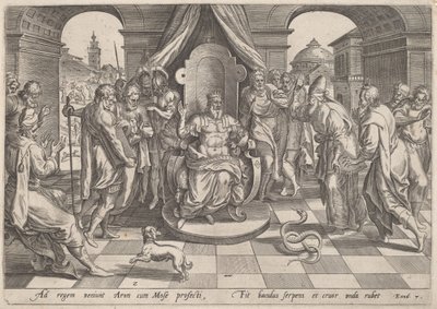 Mosè e Aronne davanti al Faraone da Johan Wierix, after Maarten van Cleef