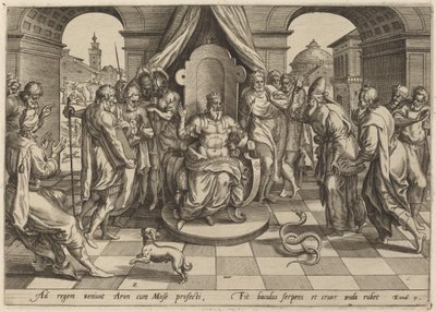 Mosè e Aronne davanti al Faraone da Johan Wierix, after Maarten van Cleef