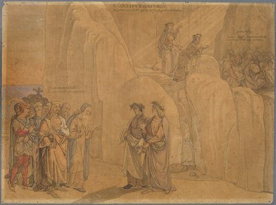 Dante trifft Manfred, den ehemaligen König von Apulien und Sizilien, an einer Felswand, der sich ihm zu erkennen gibt und Verschiedenes mitteilt; oben auf dem Felsen sehen sie die kirchlich Verbannten Buße tun da Johann Anton Ramboux