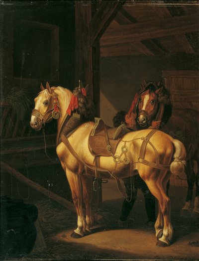 Due cavalli da tiro nella stalla da Johann Baptist Michael Dallinger von Dalling