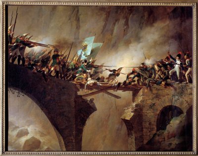 Battaglie della Seconda Coalizione: Il passaggio del Ponte del Diavolo al Passo del San Gottardo in Svizzera dal maresciallo russo Alexander Souwaroff (Souvaroff o Souvarov o Alexander Suvorov) 26/09/1799 per respingere le armi della Rivoluzione Francese da Johann Baptist Seele