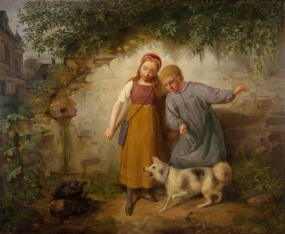 Due bambini con uno Spitz da Johann Baptist Zwecker
