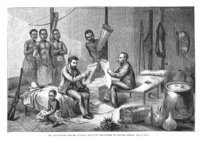 Dr. David Livingstone (1813-73) e Mr. Henry Morton Stanley (1841-1904) ricevono giornali in Africa centrale, inciso da Pearson da Johann Baptist Zweecker