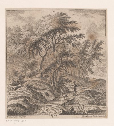 Uomo con un cane che cammina lungo il bordo di un bosco da Johann Caspar Ulinger