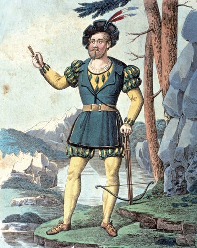 Franz von Schober come Guglielmo Tell . 1837 (incisione a colori) da Johann Christian (after) Schoeller
